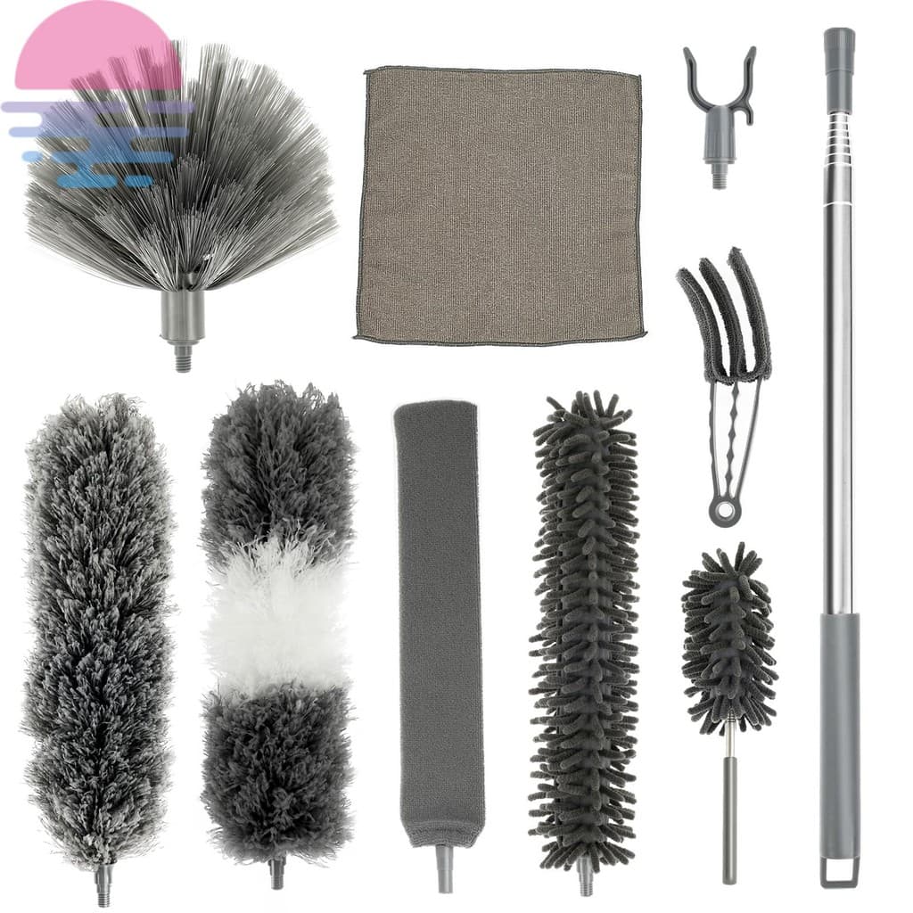 Conjunto De Espanador De Penas De 10 Unidades Com Alça Telescópica De 93.7 Polegadas Kit Limpeza Multifuncional Limpador