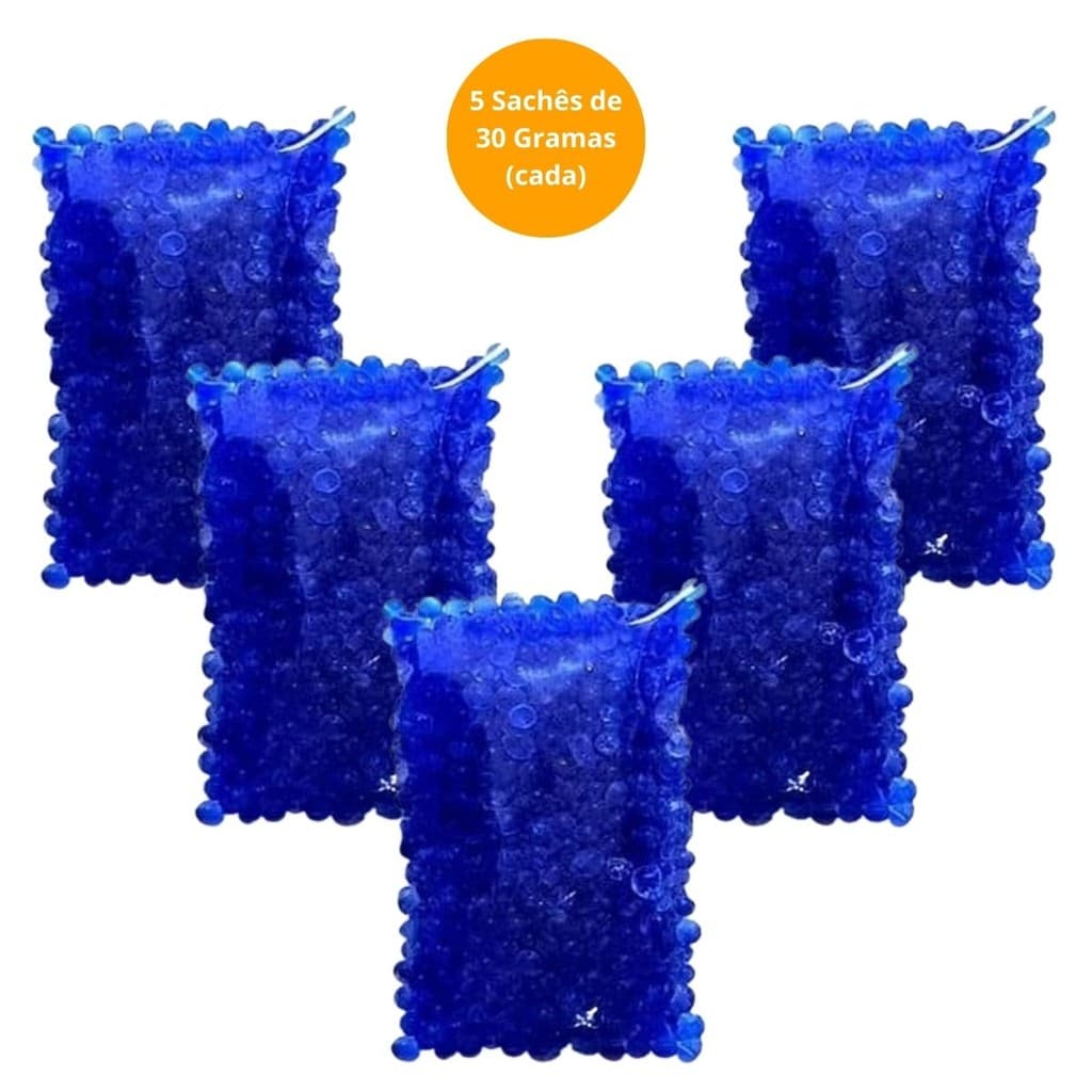 Silica Gel Azul 30g Kit 5 Sachês Desumidificador Aparelho Auditivo Guarda-Roupas Câmera Fotográfica Cola Cílios