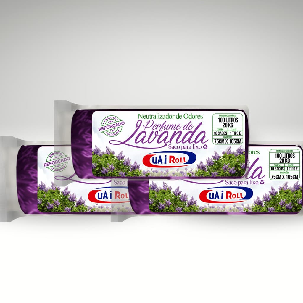 Saco De Lixo Kit 3 Rolos 100 Litros Neutralizador De Odores Aroma De Lavanda com 30 Unidades Total