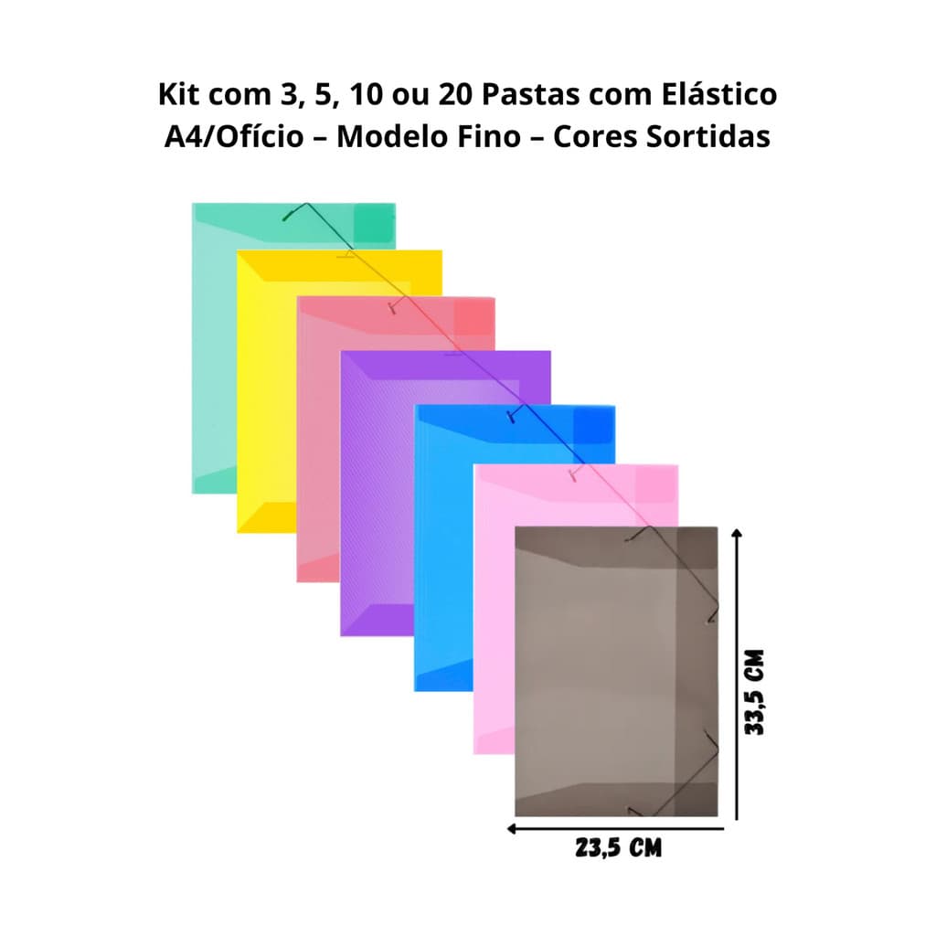 Kit 3, 5, 10 ou 20 Pastas com Elástico e aba A4/Ofício – Modelo Fino – Cores Sortidas - ACP