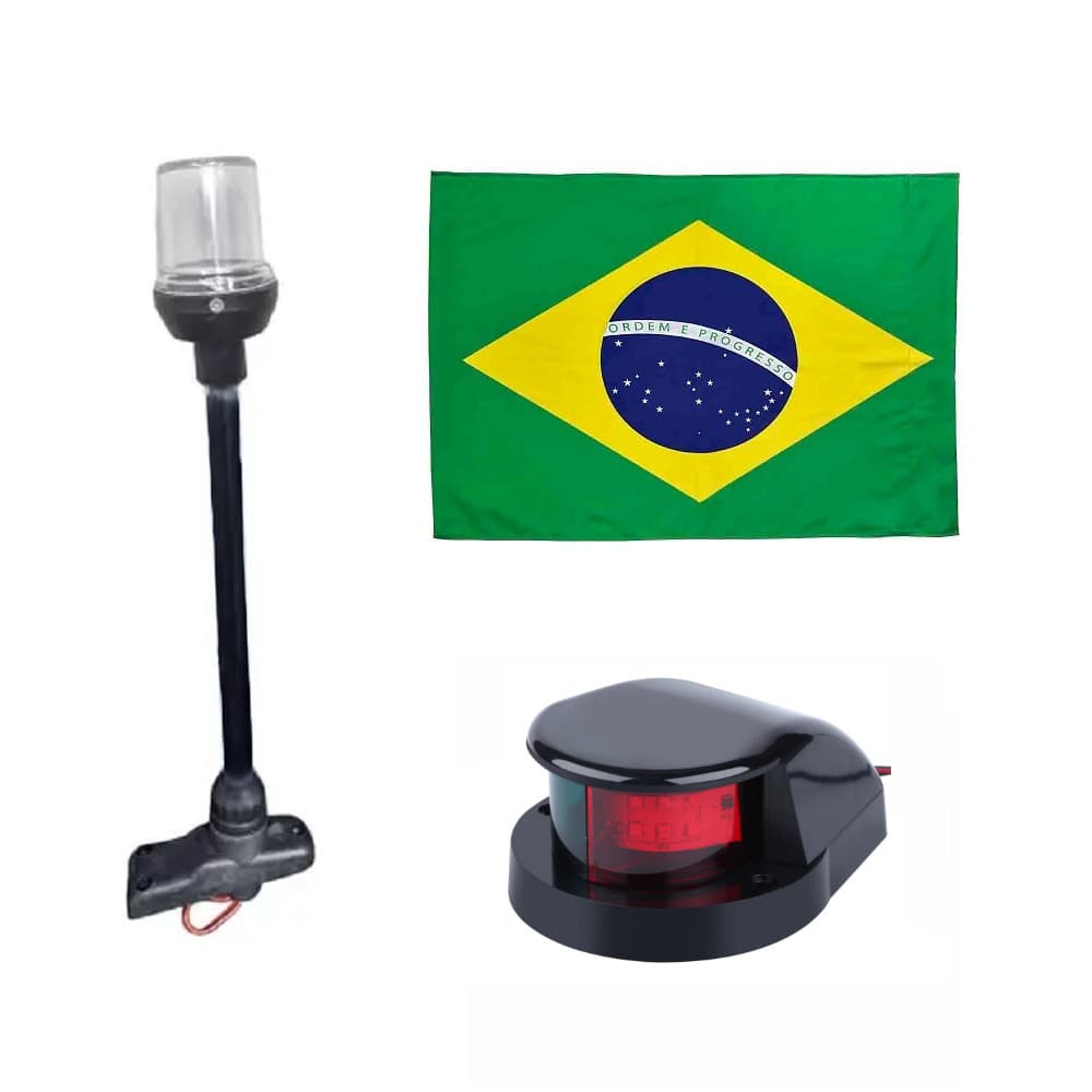 Kit Bombordo e Boreste Bicolor Led em ABS Preto + Mastro Estrobo Alcançado Fundeio Preto + Bandeira do Brasil - Barco