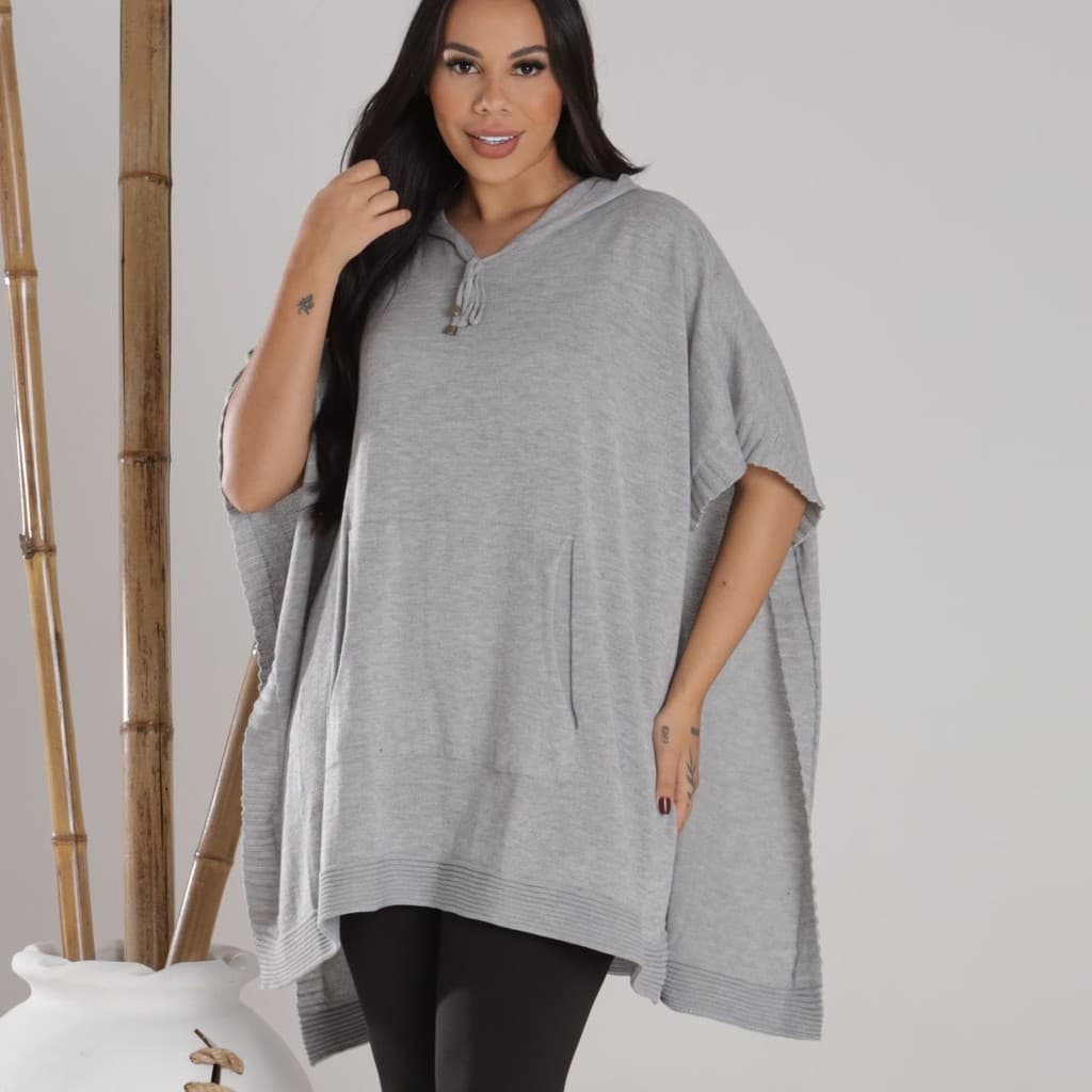 Tricot Premium Blusa com Touca Poncho Feminino Inverno