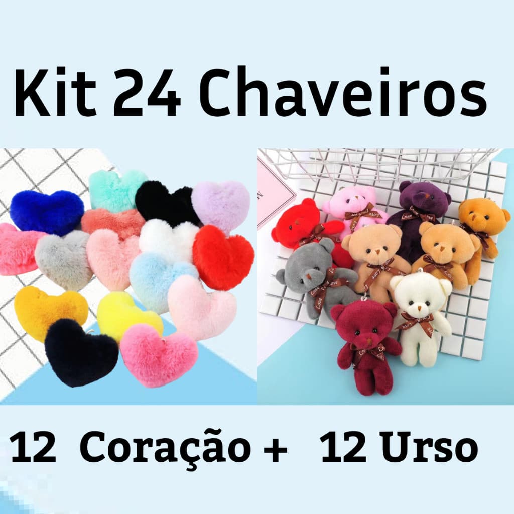 Kit 24 chaveiros de pompom coração e ursinho teddy de pelúcia com pegente para bolsa Cores Sortidas