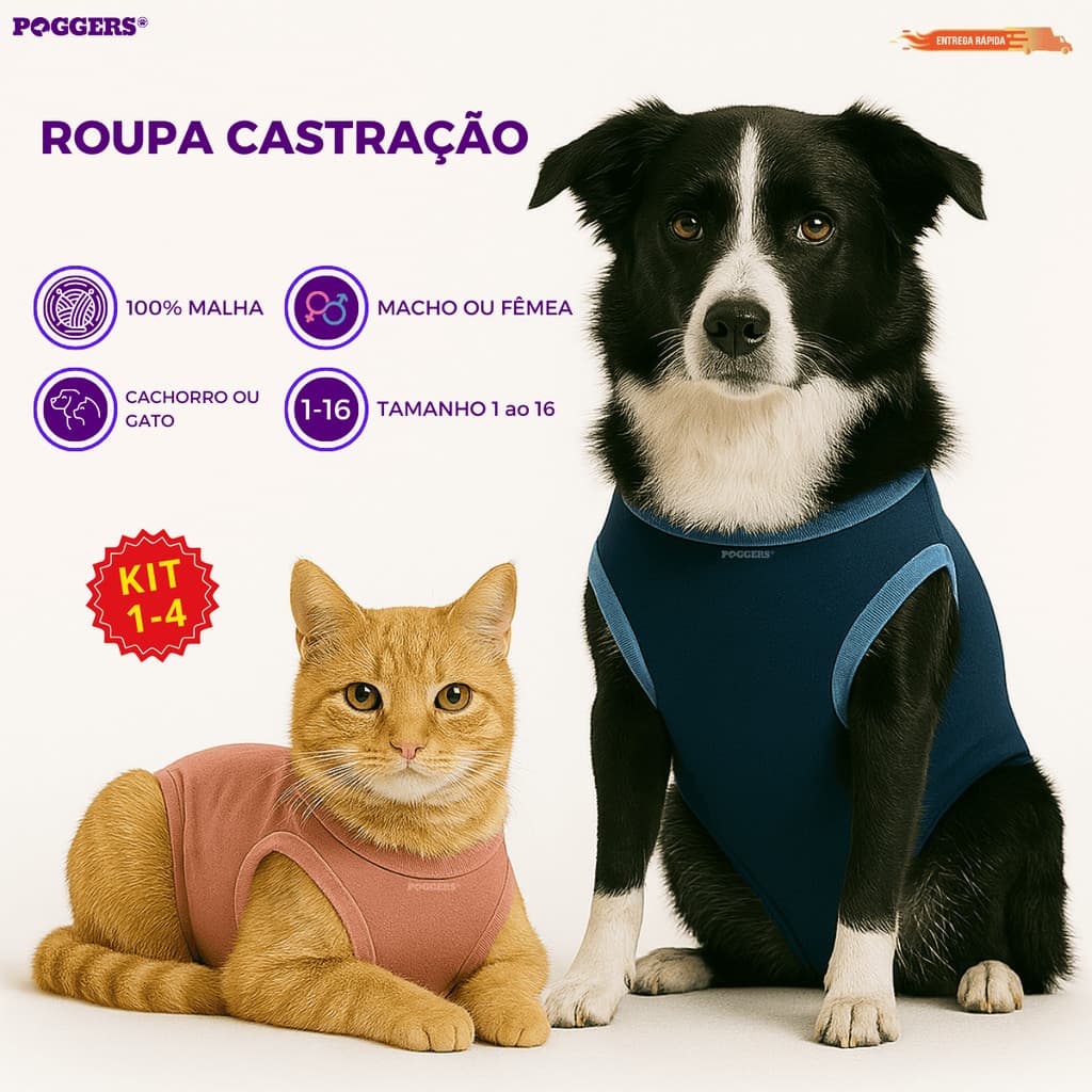 Kit 1-4 Roupa Castração Protetora para cães e gatos pós cirúrgica macho e fêmea - Tamanho 1 ao 16
