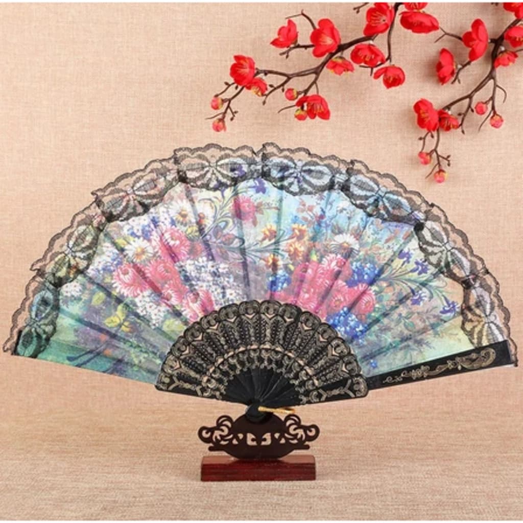 Leque PRETO de Tecido Estampado Plastico e Renda perfeito