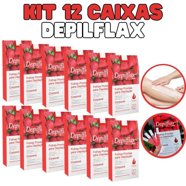 Kit 12 Caixas Folhas Depilatórias Corporal Morango com 240 Unidades folhas | Depilflax