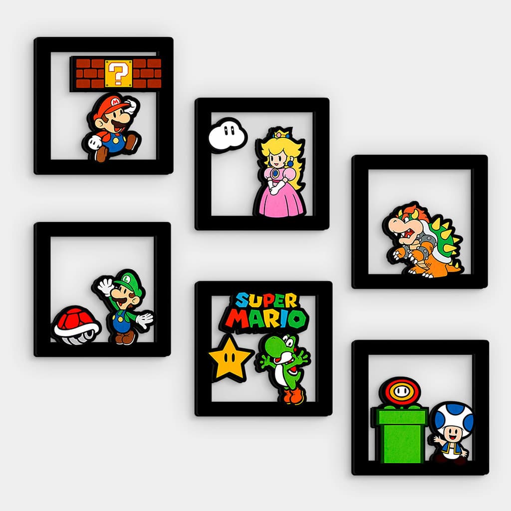 Kit 6 Quadros Super Mario e Amigos MDF Vazado 14x14cm