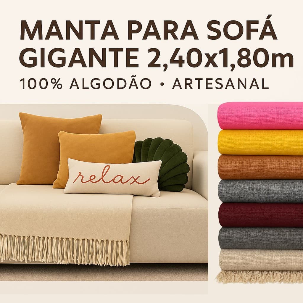 Manta Para Sofá Grande Casal 2,40x1,80m Algodão Natural Artesanal Decorativa Coberta Franja