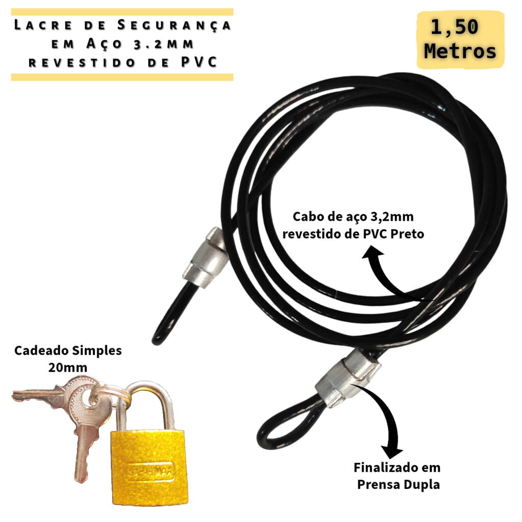 Kit 1 Cabo de Aço Multiuso de Segurança 1,50 Metro Revestido + Cadeado 20mm  Trava Ziper Malas Bagagens Capacete Bolsa