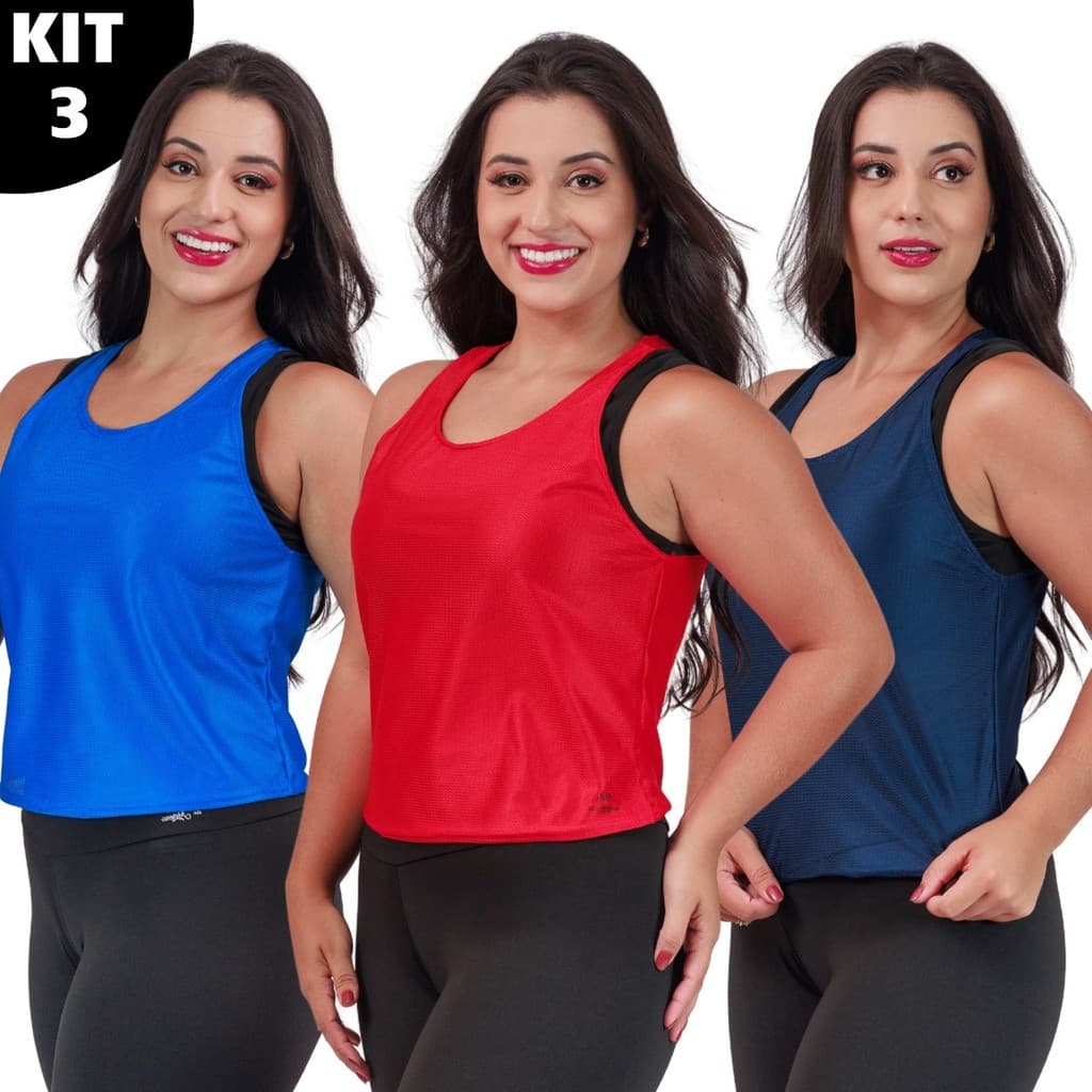Kit com 3 Camisetas Regata Dry Fit Feminina Academia Esportiva