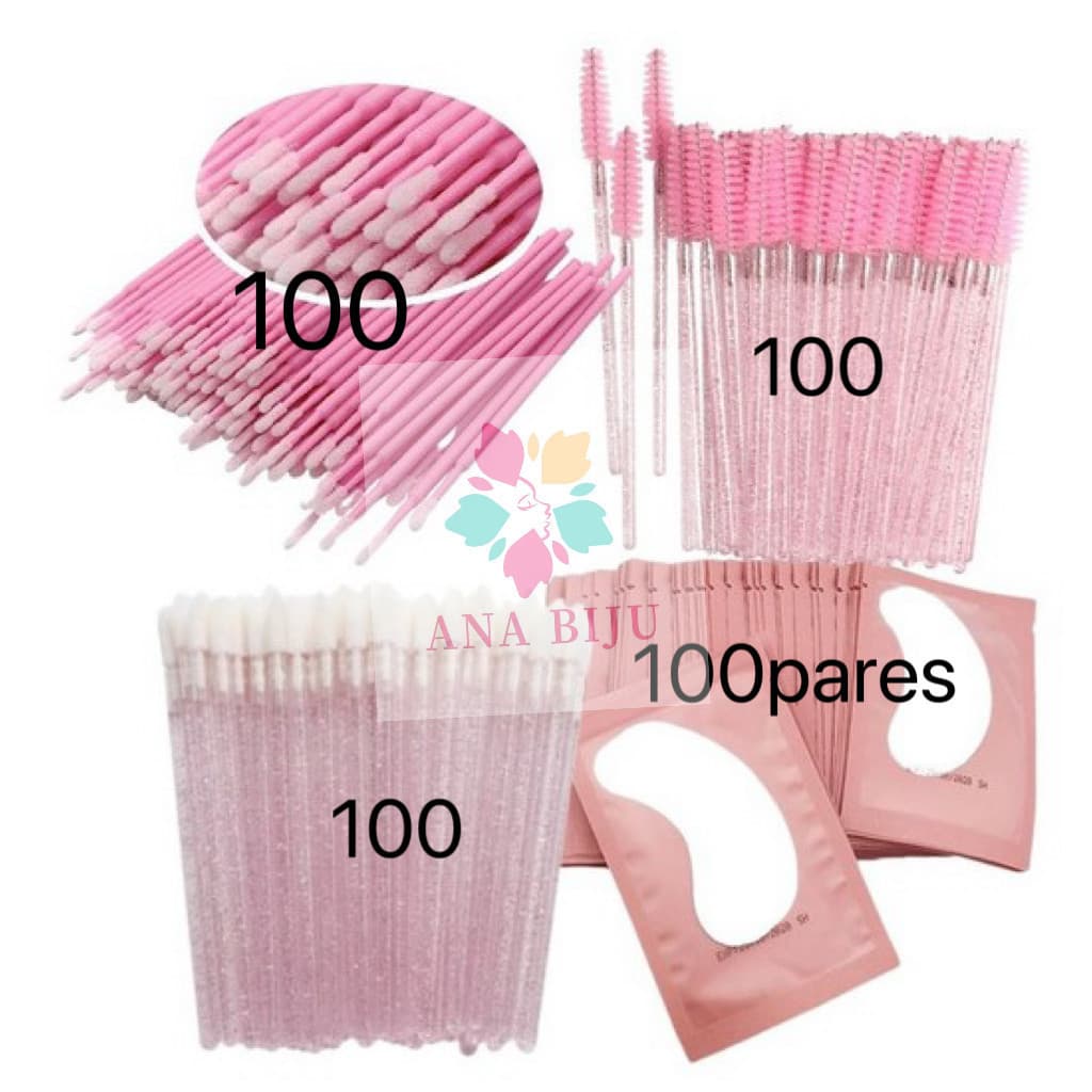Kit-100Escovinhas+100Microbrush+100Aplicador+KIT100Gel Pads(200 Unis)de  Alongamento Cilios