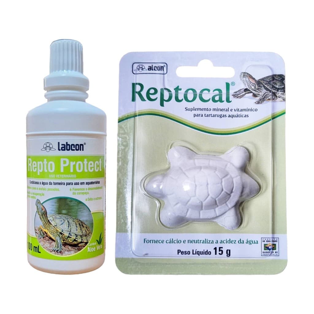 Kit Suplemento e Anti Cloro Para Tartarugas Alcon Reptocal e Repto Protect 100ml
