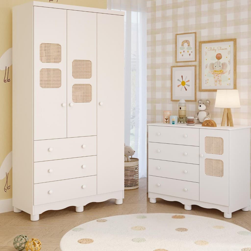 Quarto de Bebê Completo Guarda Roupas 3 Portas Cômoda 1 Porta 4 Gavetas 100% MDF Telinha