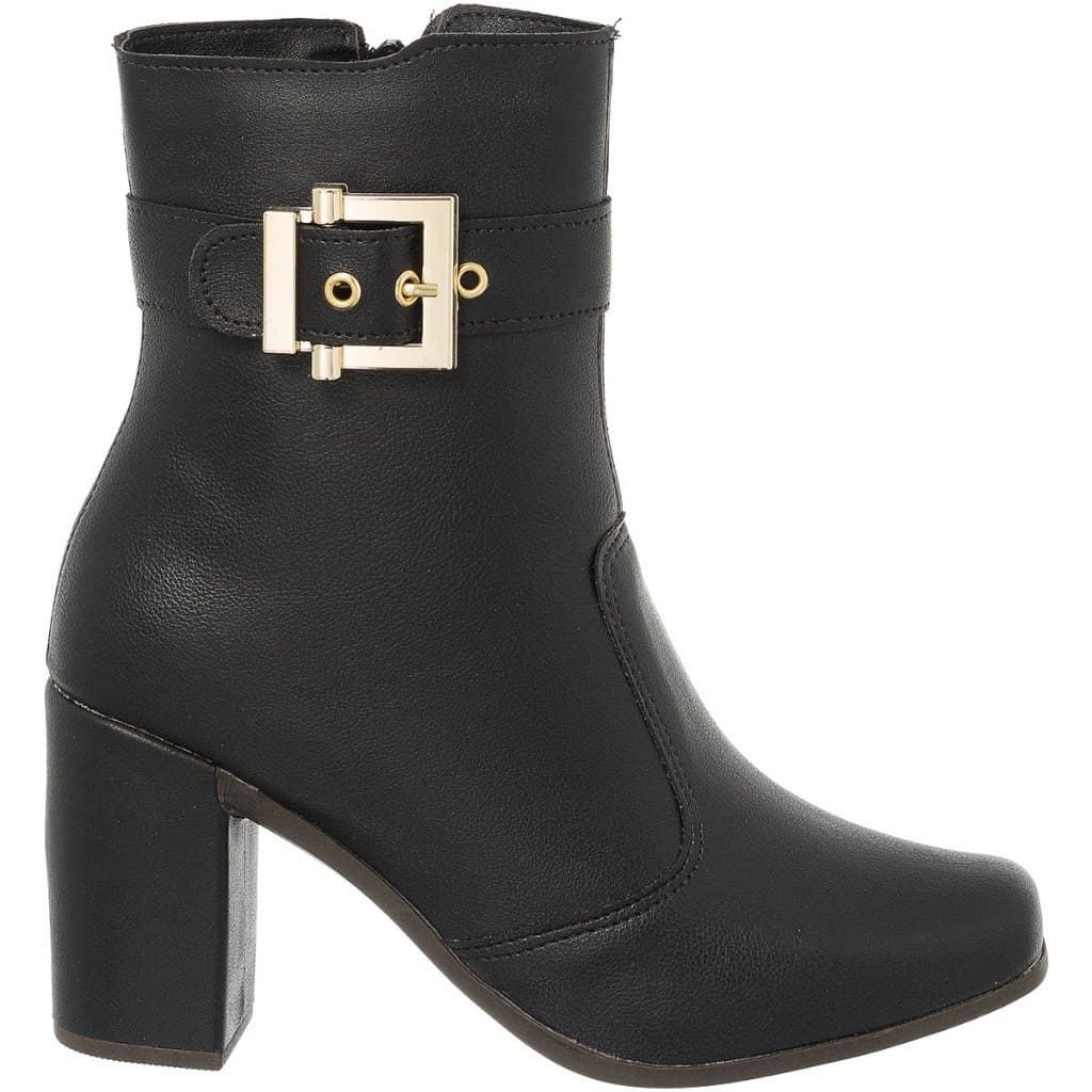 Bota Feminina Salto Alto Bloco Fivela Bico Quadrado Cano Curto Moda Confortável Original