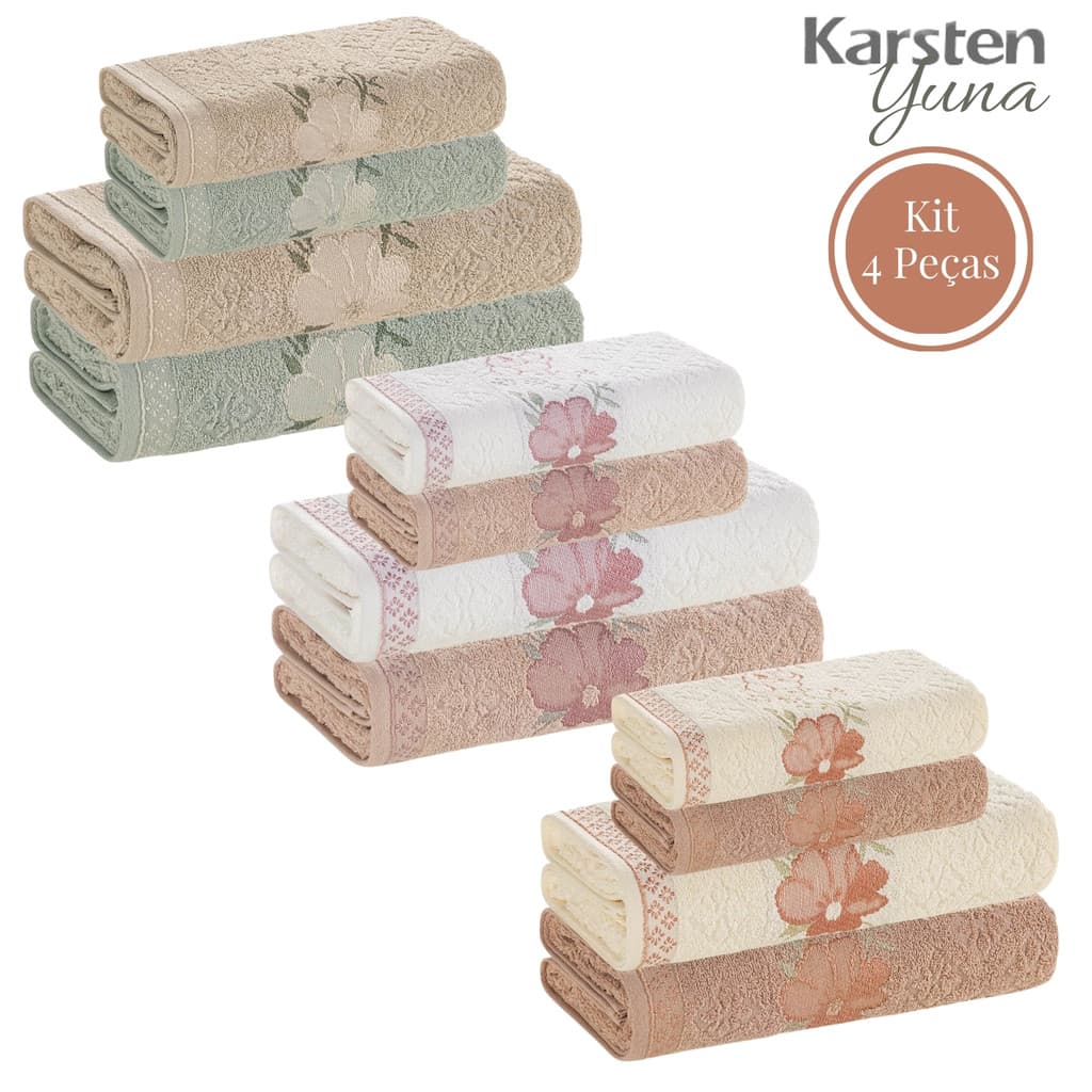 Jogo de Toalha 4 Peças Karsten 100% Algodão Felpuda Macia Excelente Absorção Banho e Rosto Yuna