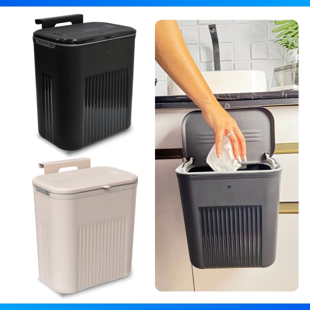 Lixeira Suspensa 9 Litros Com Tampa E Suporte Alto De Adesivos E Alça De Pentura Multiuso Preto Rose