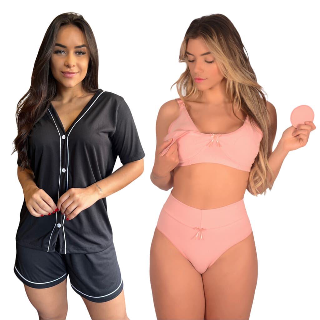 Kit 1 Pijama Americano Curto Botão +1 Conjunto Sutiã de Amamentação e Calcinha Cós Alto Cintura Alta Pós Parto Feminino