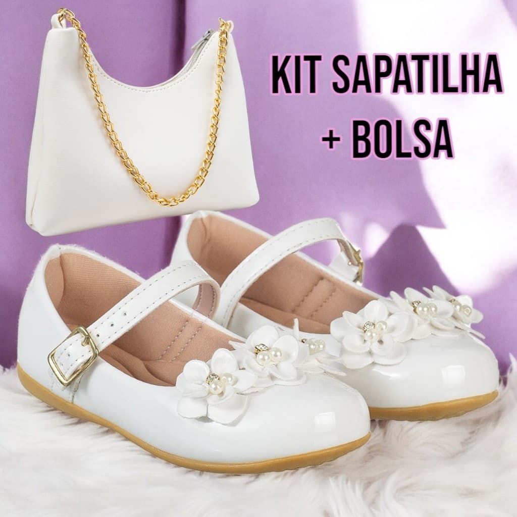 KIT Sapatilha Infantil Menina com Bolsa de Mão Feminino Casual Festa Daminha 16 a 34