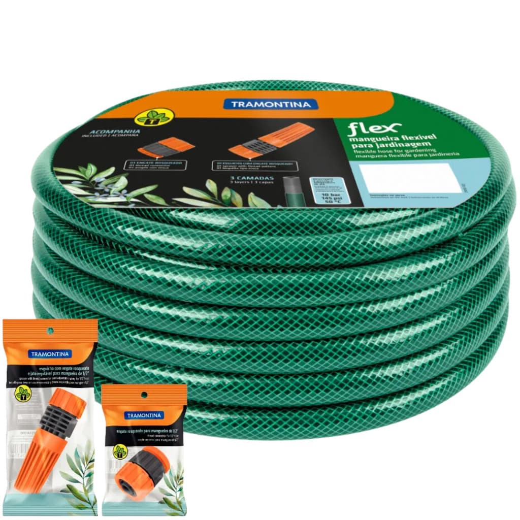 Mangueira De Jardim 30 Metros Tramontina Flex Verde Esguicho e Bico Engate Rapido