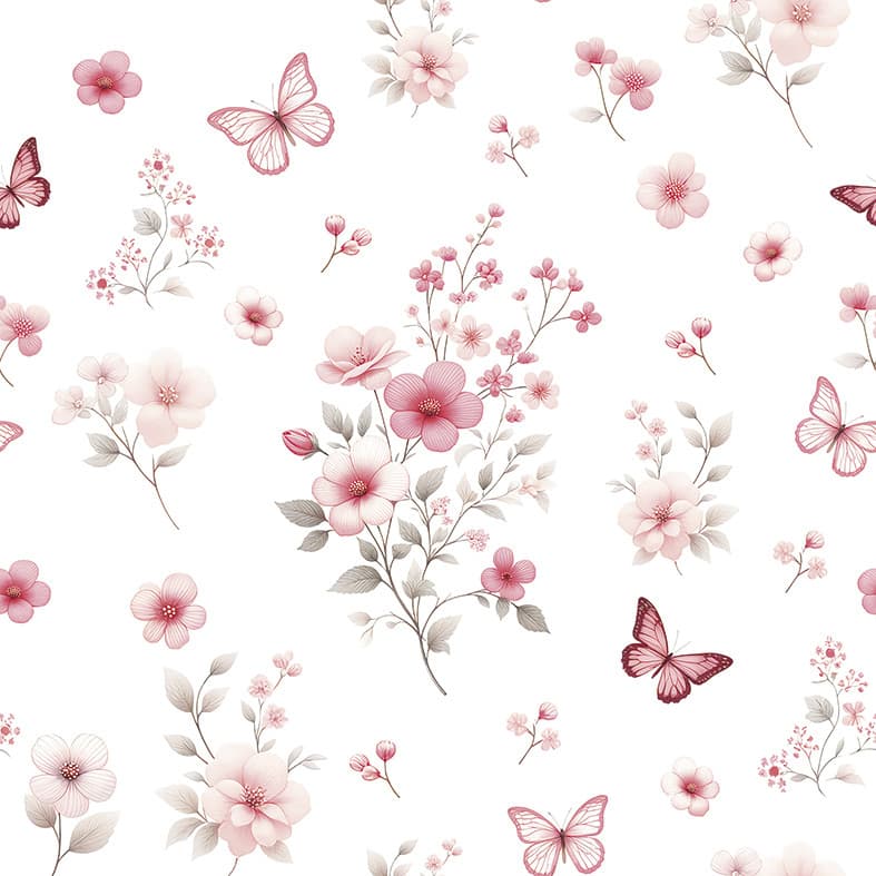 Tecido Tricoline Borboletas no Jardim Rosa, 50cm x 1,50mt