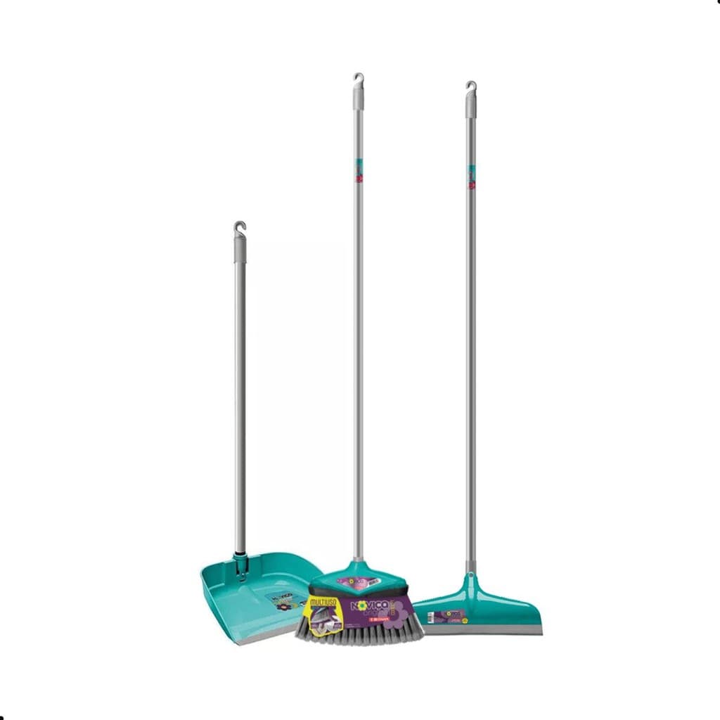 Kit Vassoura + Rodo 30cm + Pá Para Lixo Com Cabo Noviça