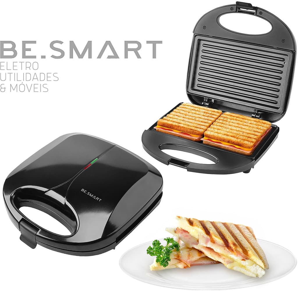 Sanduicheira Misteira Elétrica Grill Antiaderente Preto Faz 2 Sanduíches Be Smart 127V 220V