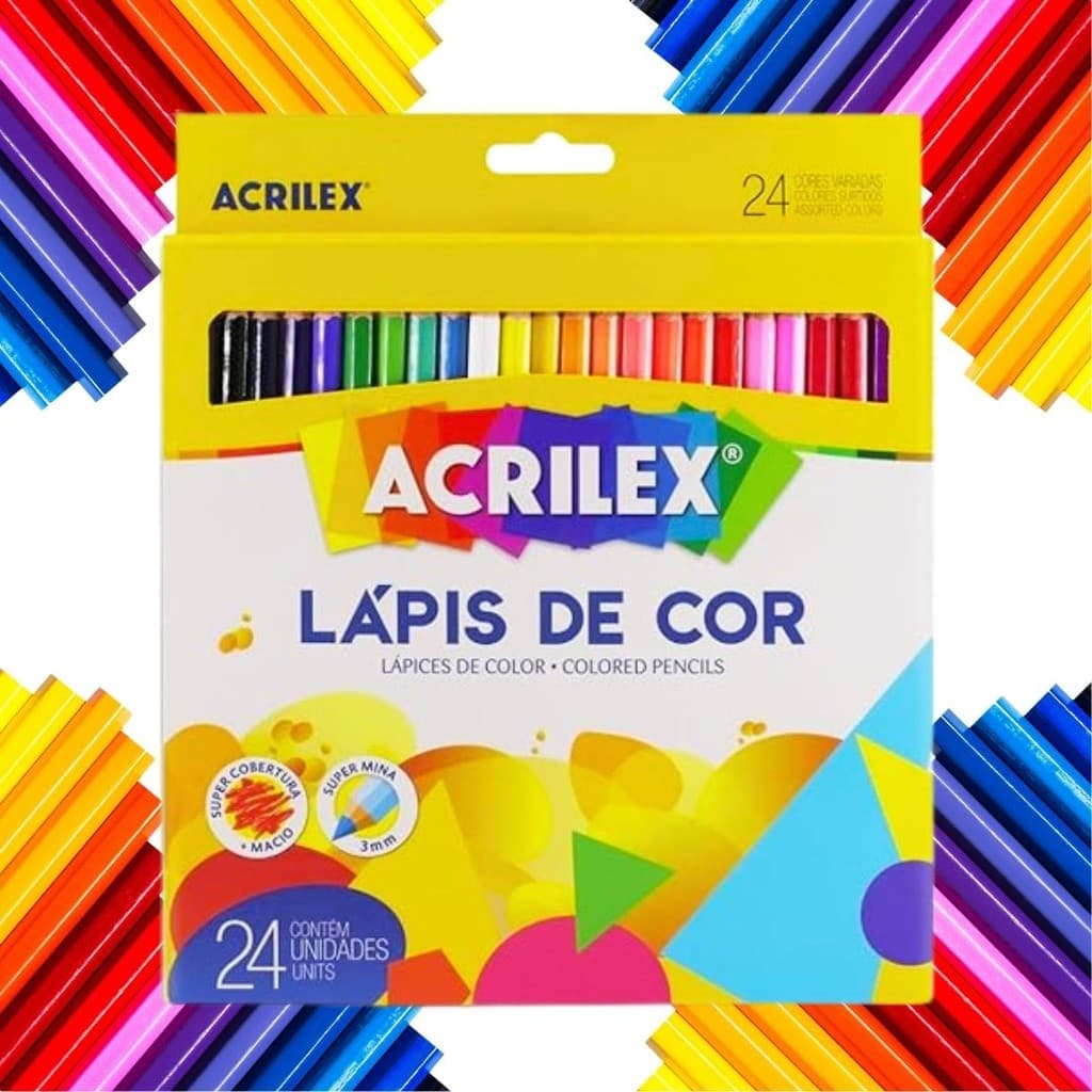 Lápis De Cor 24 Cores Acrilex Cores Vibrantes Traço Suave Volta as Aulas Material Escolar