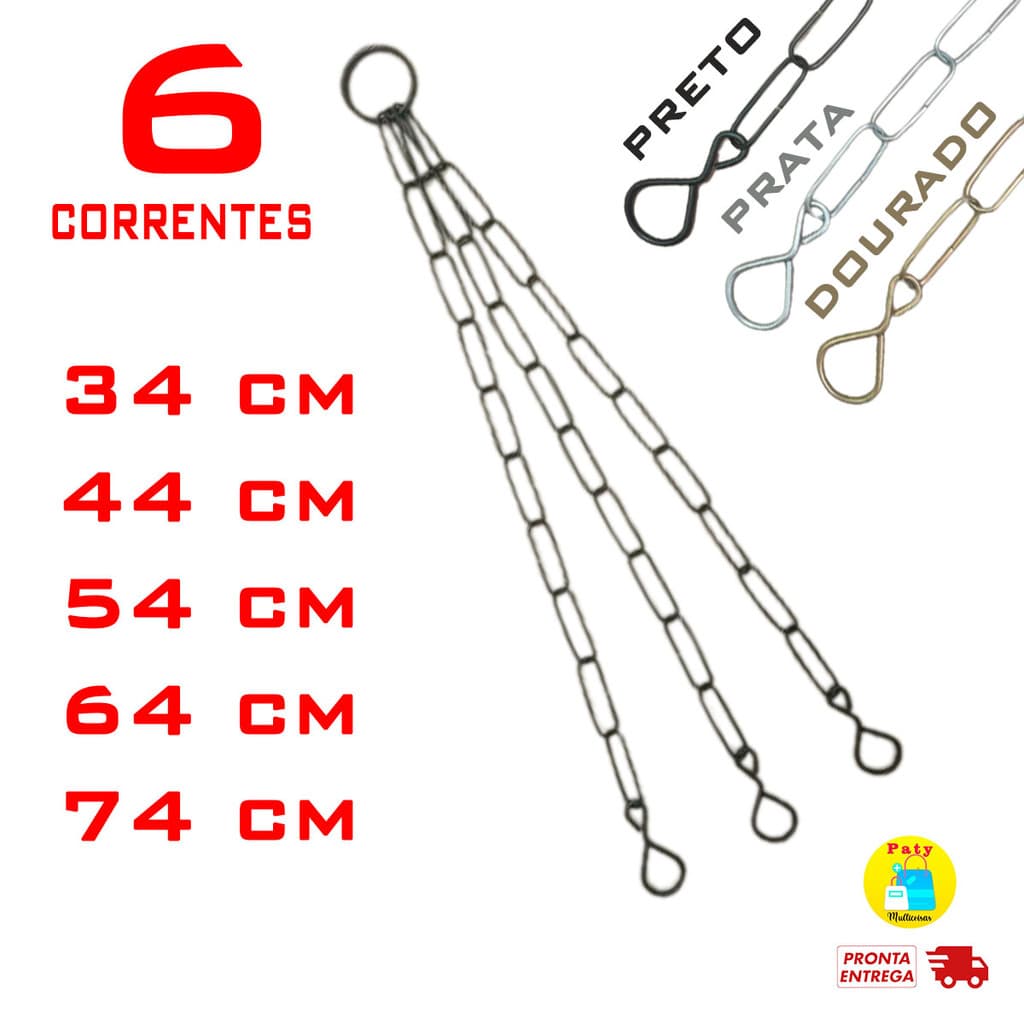 Kit 6 Corrente de pendurar vasos metal prato gancho 34 44 54 64 74 cm