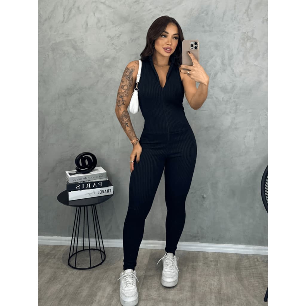 Macacão Feminino Regata Com Zíper Justo Canelado 3D TENDENCIAS PREMIUM