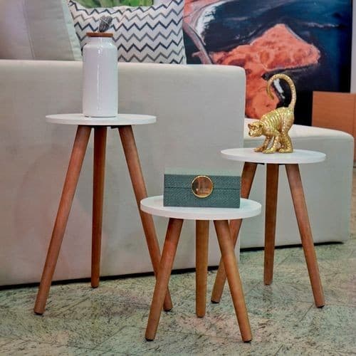  Kit 3 Mesinhas Lateral Redondas Decorativa Sala Pé Palito Retro