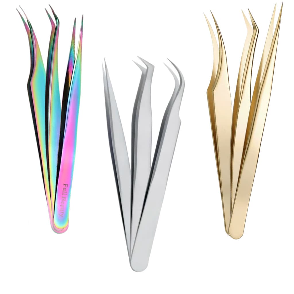 Kit 3 Pincas 45° Curvada Reta Extensao De Cilios Fio A Fio com Case de armazenamento Caixa