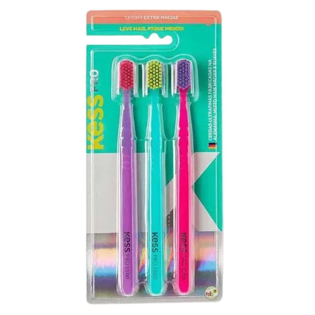 Pack Com 3 Escovas Dentais Kess Pro Extra Macias Cores Sortidas Limpeza Profunda Sem Agredir