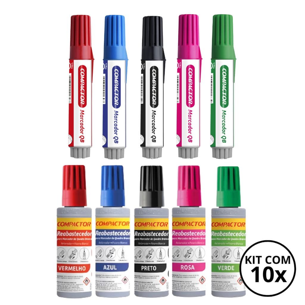 Kit Com 5 Marcadores de Quadro Branco + 5 Reabastecedores - COMPACTOR