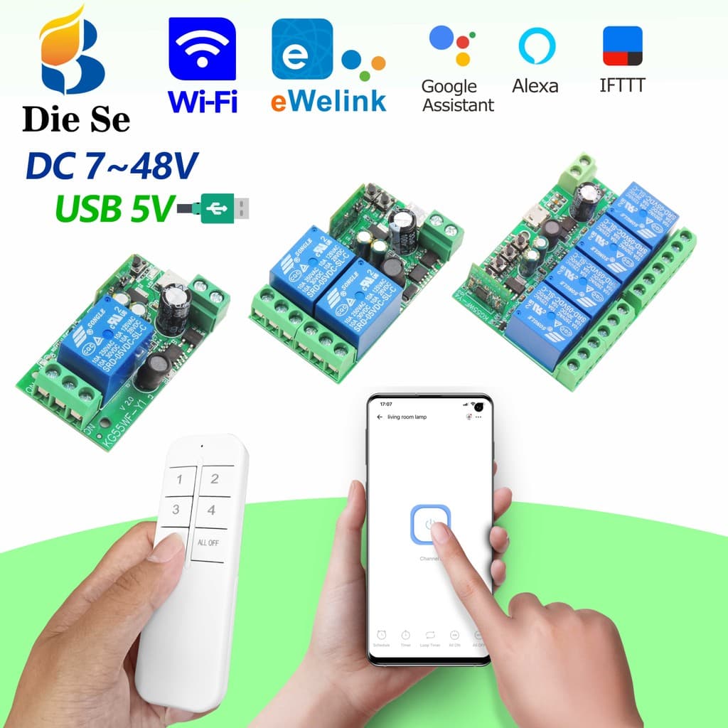 Interruptor inteligente WiFi EWeLink,interruptor Bluetooth sem fio,relé CC 12V 24V 48V,compatível com Alexa,Google Home