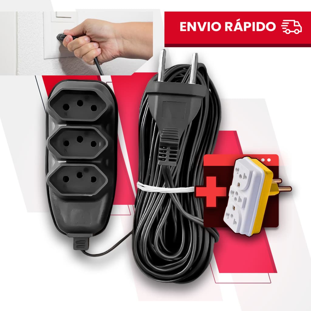 Extensão Elétrica 2/3/5/10 Metros Preta + Adaptador Tomada Bivolt 110/220 10A Tripolares Resistente