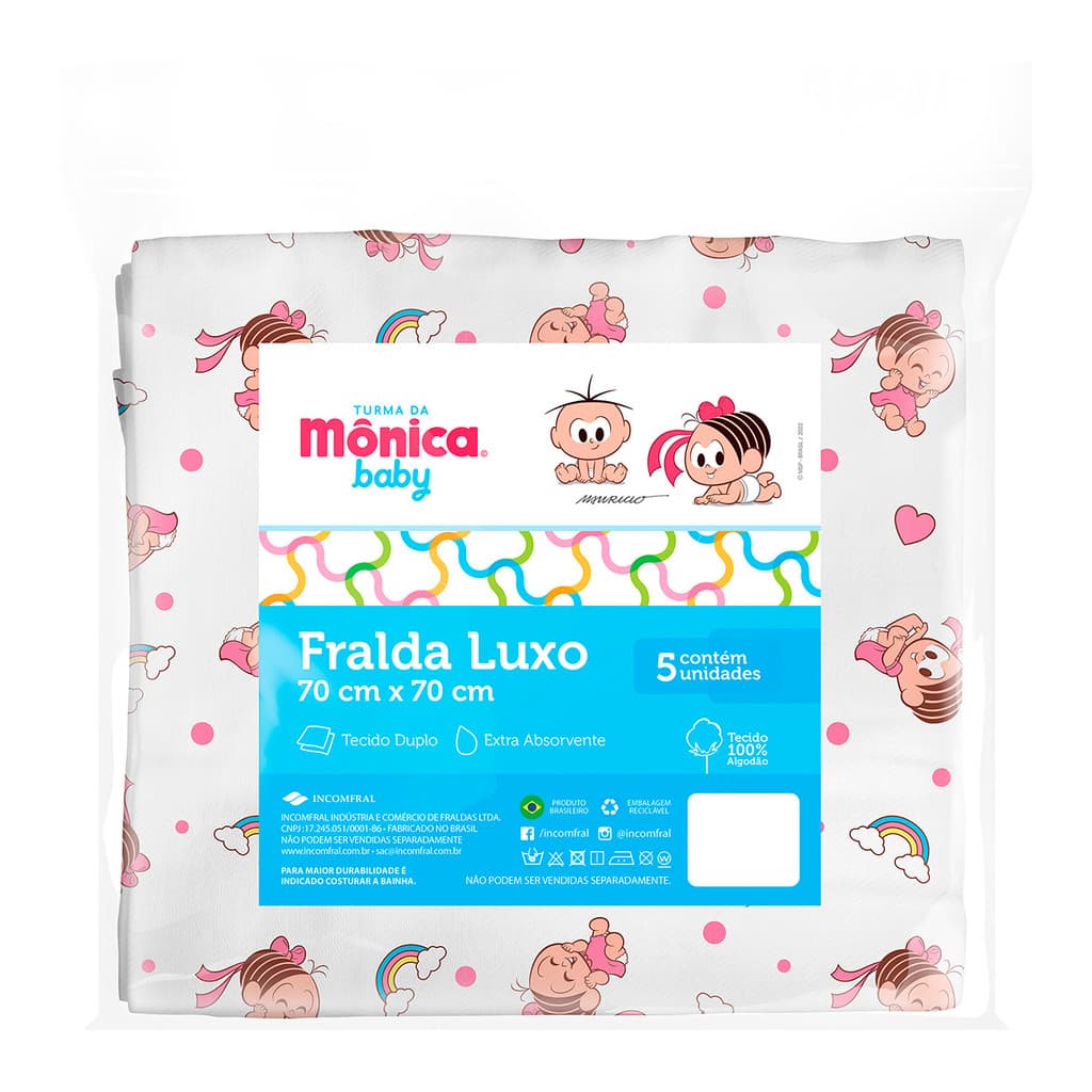 Kit 5 Fraldas de Pano Luxo para Bebê Turma da Mônica Baby