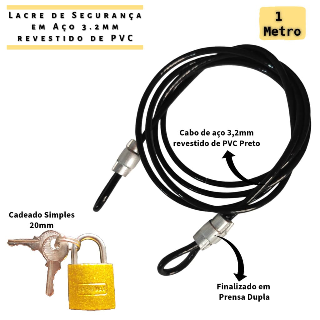 Kit 1 Cabo Multiuso de Segurança 1 Metro Revestido +Cadeado 20mm  Trava Ziper Mala Bagagens Capacete