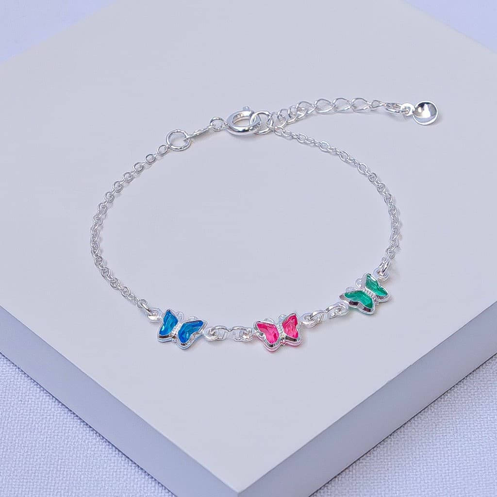 Pulseira Infantil Folheada a Prata Borboletas Cristal