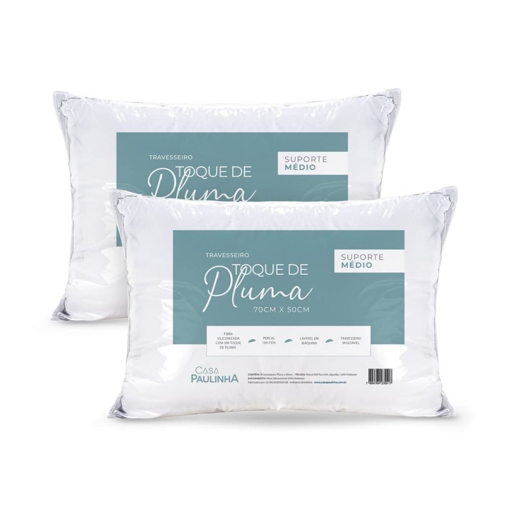 Kit 2 Travesseiros Toque de Pluma Antiacaro 70x50cm Percal 180 Fios Antialérgico