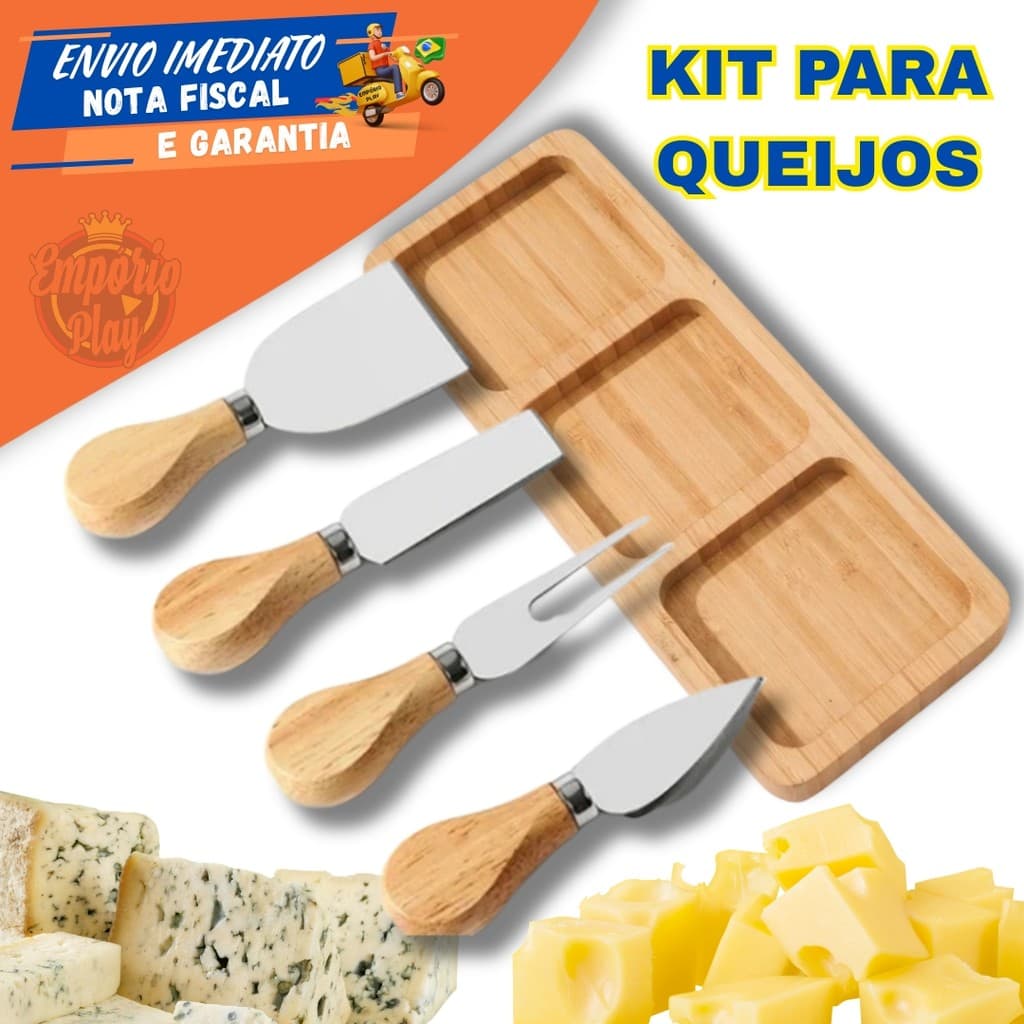 Kit Queijos Com Tabua Bambu e 4 Espátulas Para Queijos Frios Salame Petiscos Faca Garfo Picador Espatula
