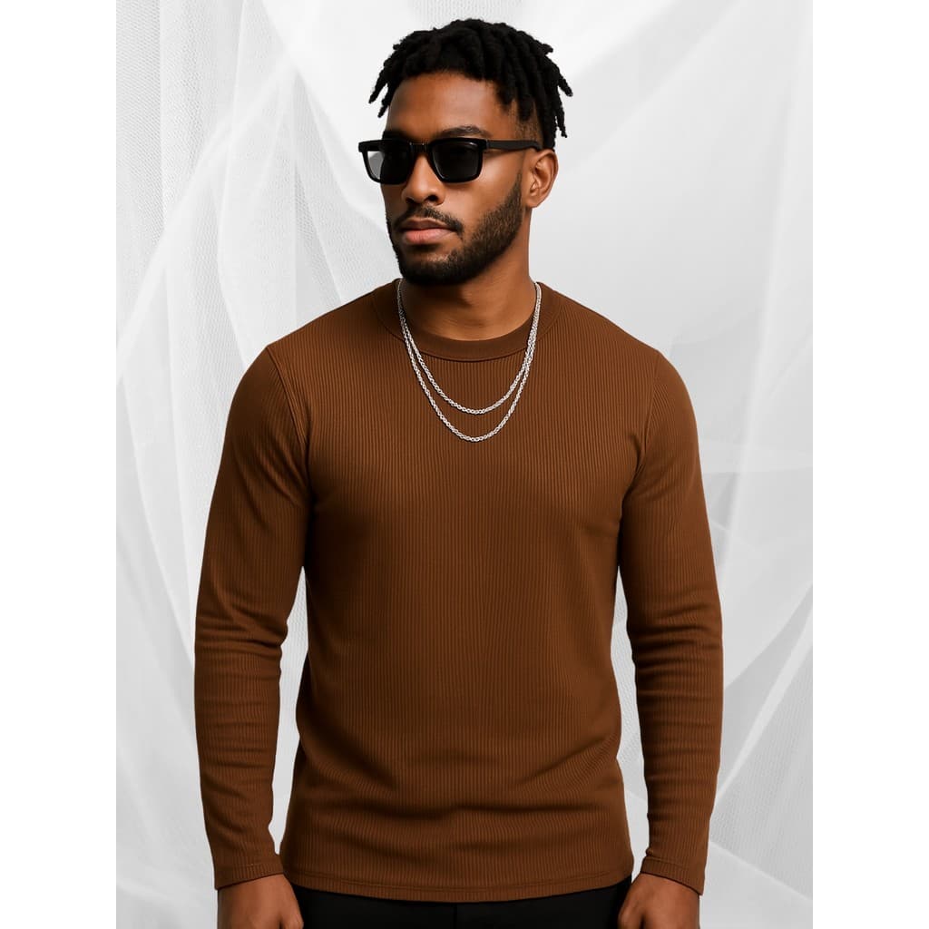 Camisa de Manga Longa Ribana Canelada Blusa Frio Masculina Cacharréu Casual Justa ao Corpo