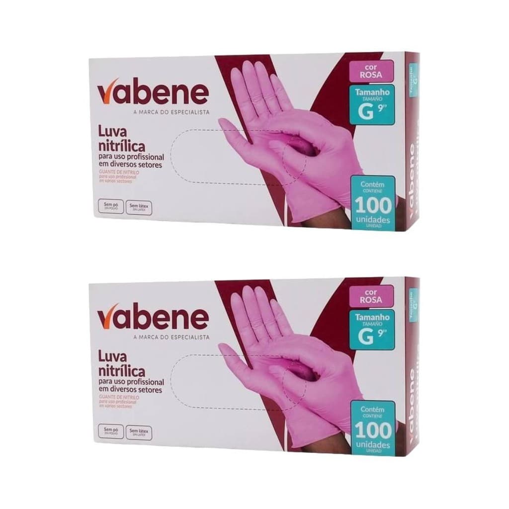 Luva Nitrílica Rosa Sem Pó Vabene Kit com 2 Caixas  – Tamanho PP; P; M; G