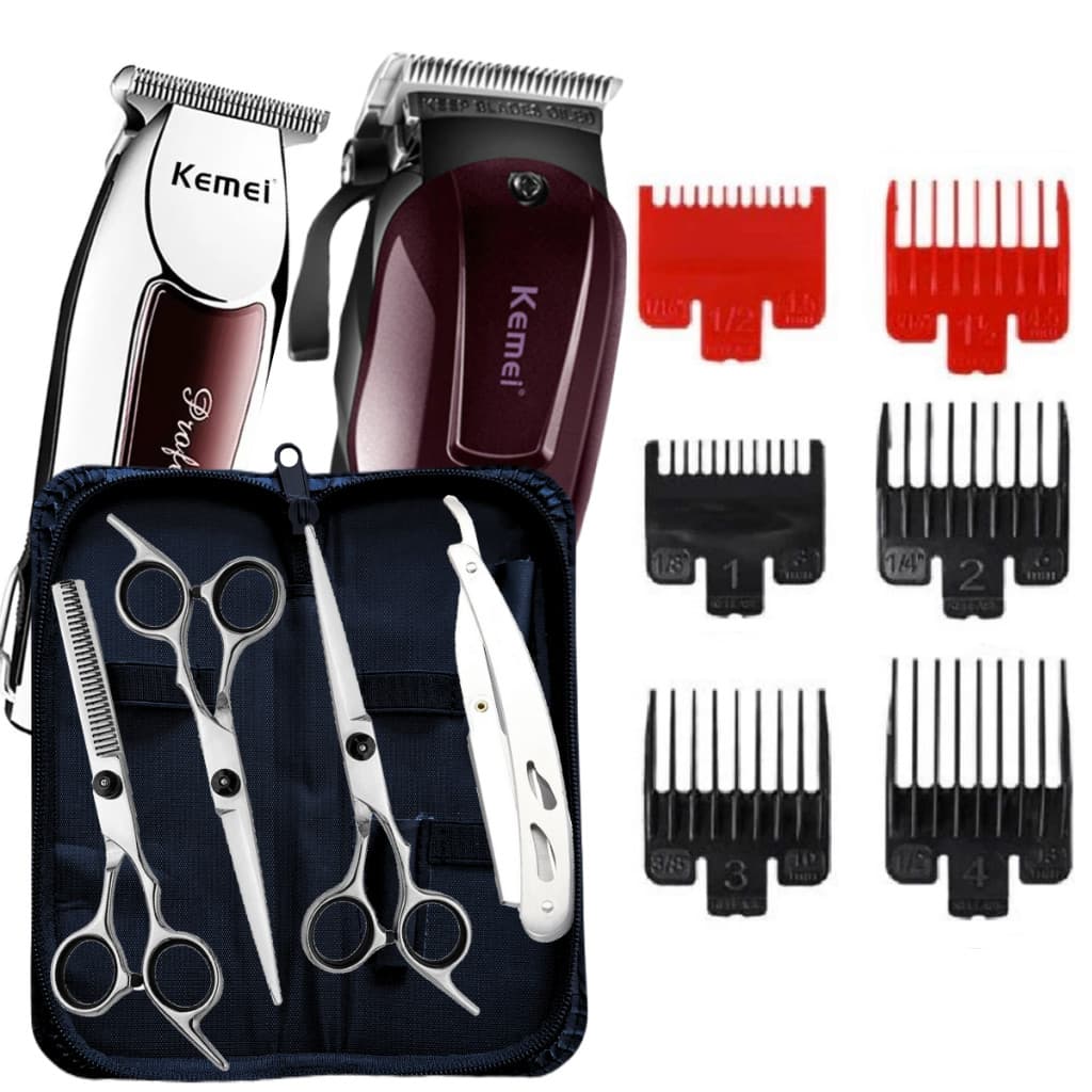 KitMaquinas de Cortar Cabelo + Kit Tesouras Profissionais Para Barbeiro Tesoura Fio Navalha Capa Maquinas KM2600 KM032
