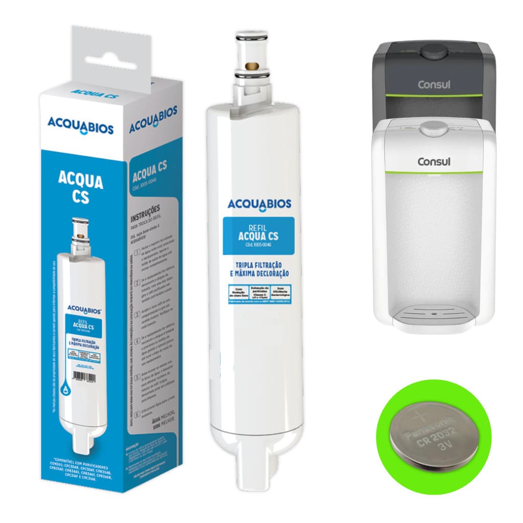Refil Compatível com Filtro Consul Acquabios Purificador de Água Bateria Brinde
