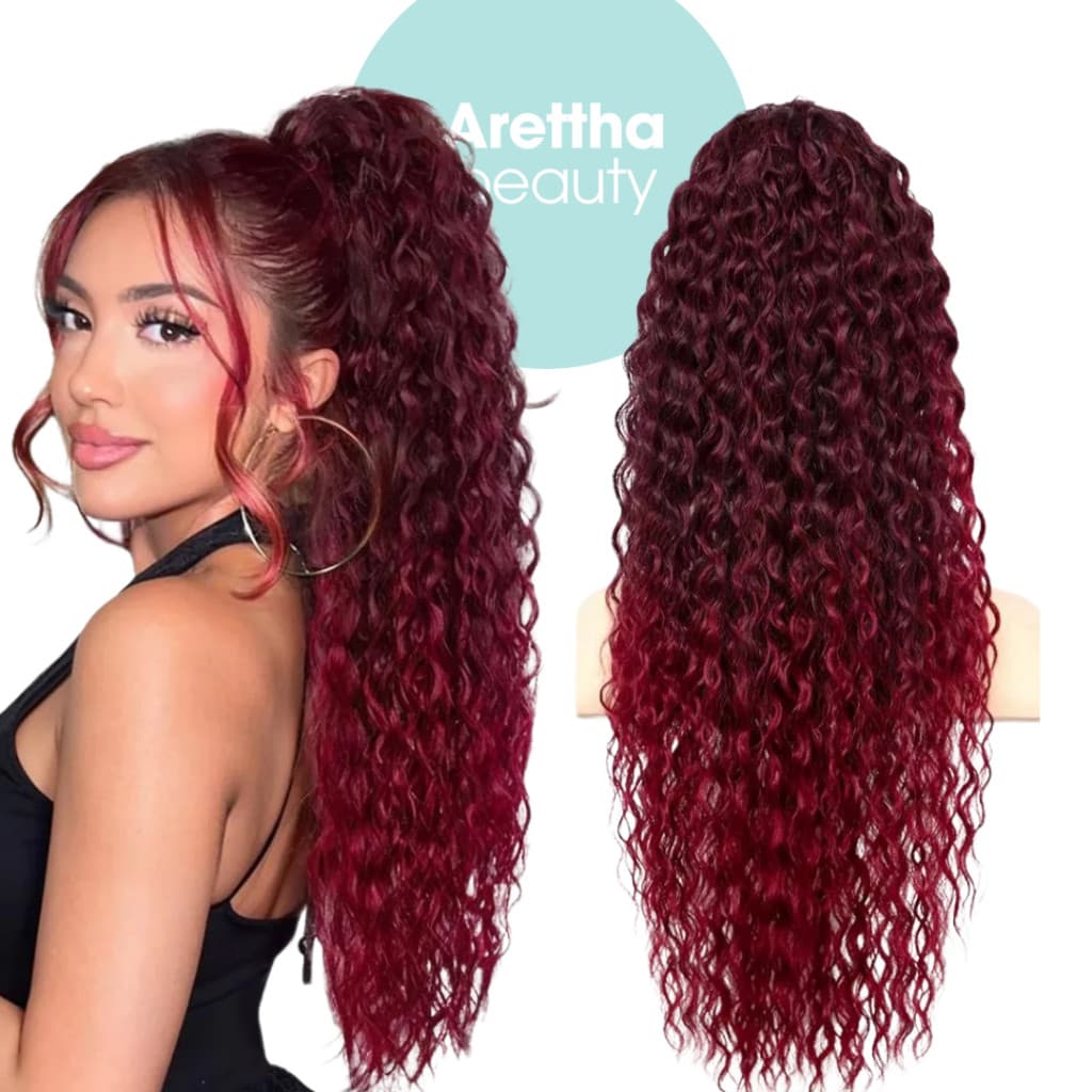 Rabo de cavalo ruivo marsala vinho cacheado longo fibra de proteína