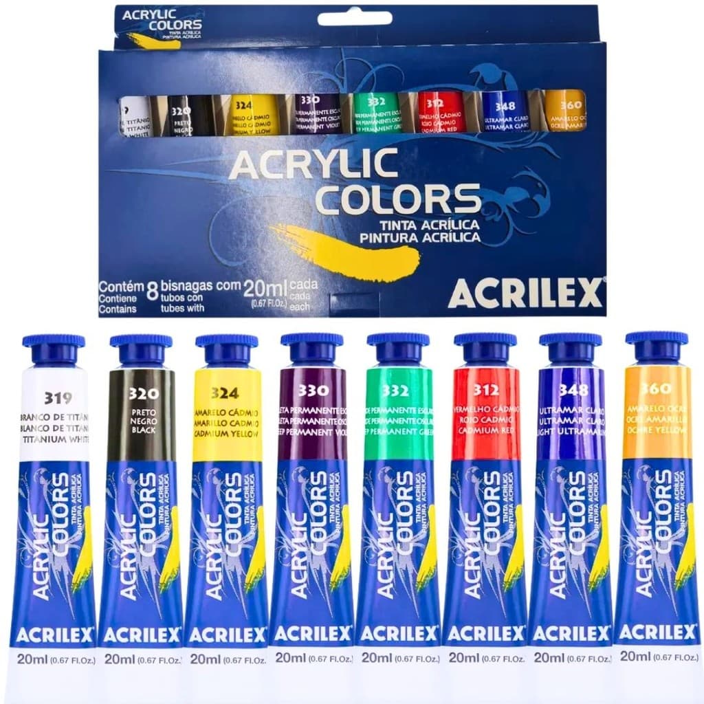Estojo Tinta Acrílica Acrylic Colors Acrilex 8 Cores Alta Qualidade Secagem Rápida E Brilhante 20ml