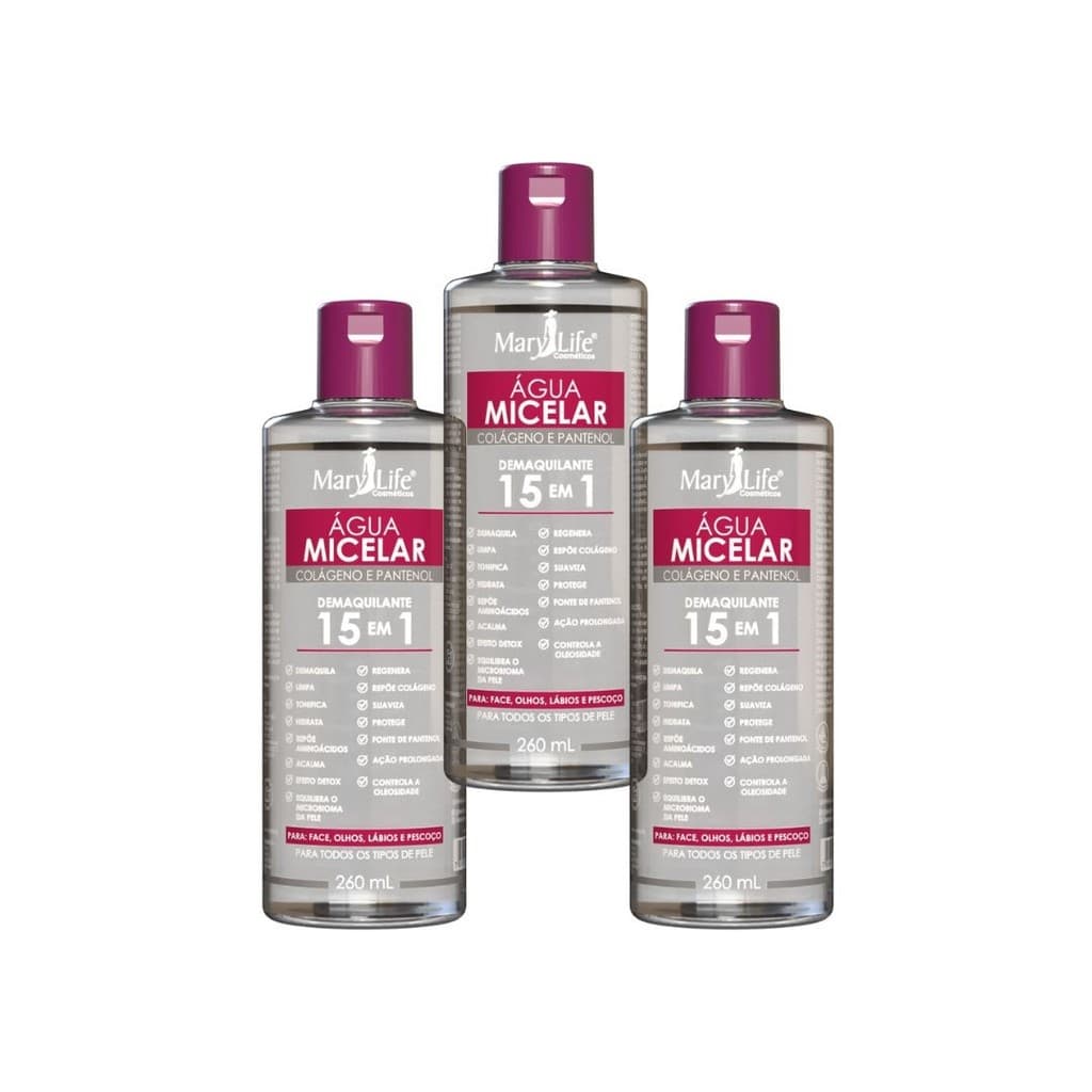 Kit c/ 3 Água Micelar Colágeno e Pantenol Demaquilante 15 em 1 – Mary Life