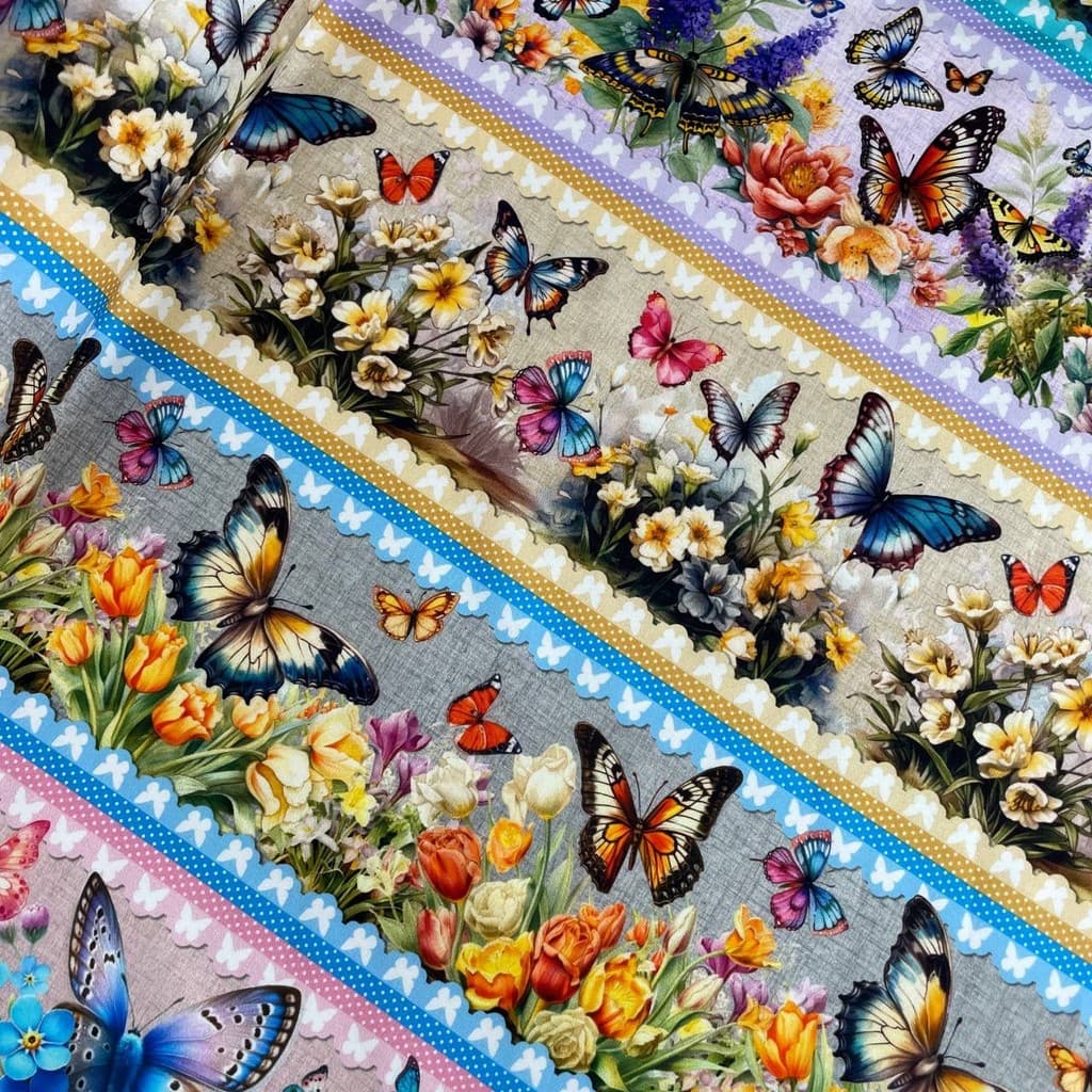 Tecido Tricoline Digital Barrado Borboletas 55cm x 1,50mt 100% Algodão 10 Barrados