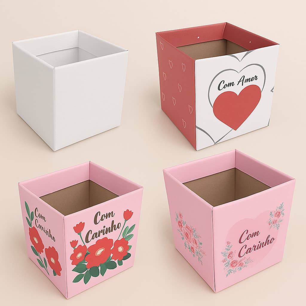 Kit Caixa de Presente Cachepot | 4 Estampas | Medidas 14,5x14,5x15 | Pacotes com 5, 10 ou 15 Unidades