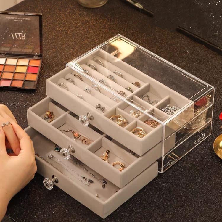 Porta Joia Acrílico 3 Camadas Brinco Anel Compartimento jz